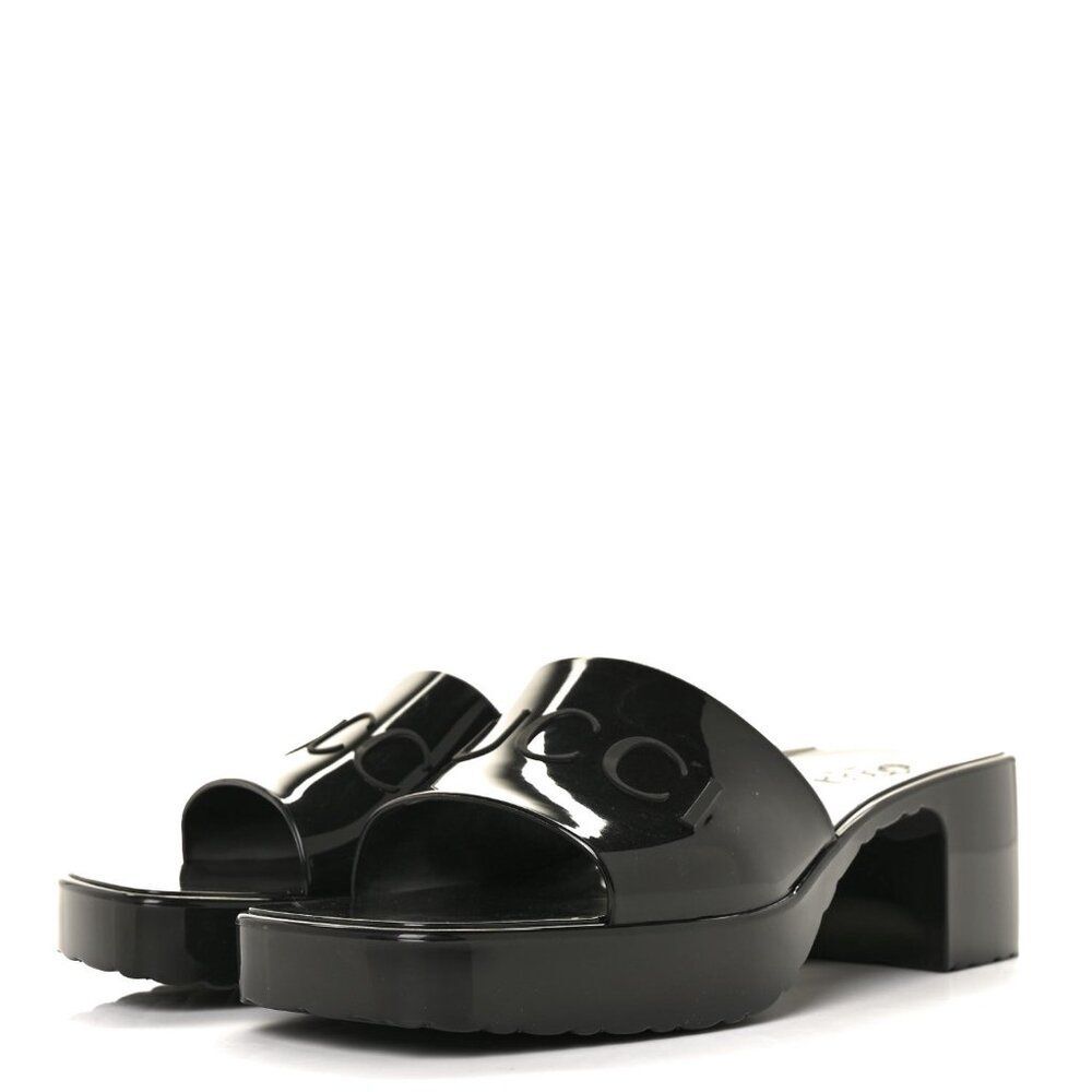 GUCCI Rubber Gucci Logo Womens Platform 20/60mm Slide Sandals 39 Black